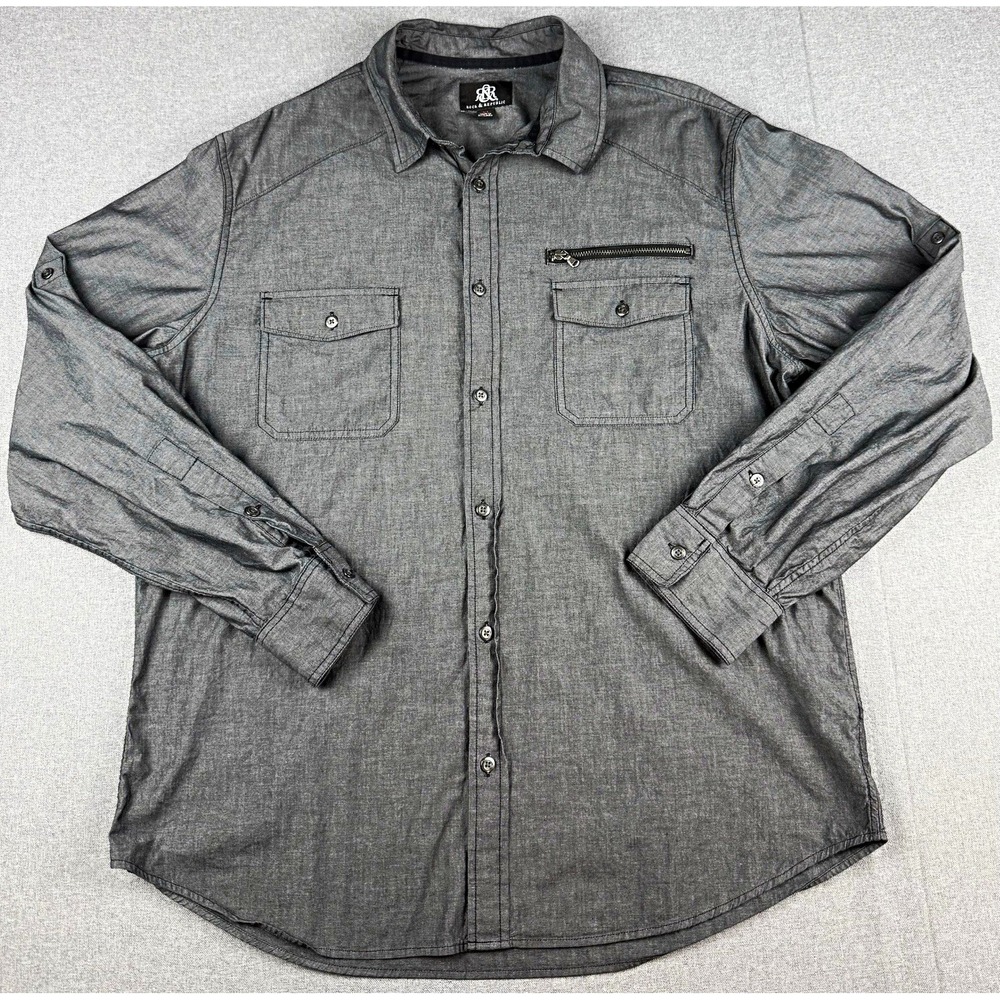 Rock & Republic Mens XL Shirt Gray Roll Tab Long Sleeve Zipper Pocket Stretch